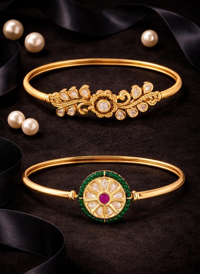 Zaveri Pearls مجموعة زافيري بيرلز من سوارين كادا عصريين مطليين بالذهب، مرصعين بالأحجار والخرز، مصنوعين من النحاس الأصفر للنساء - ZPFK22027 - Image 2