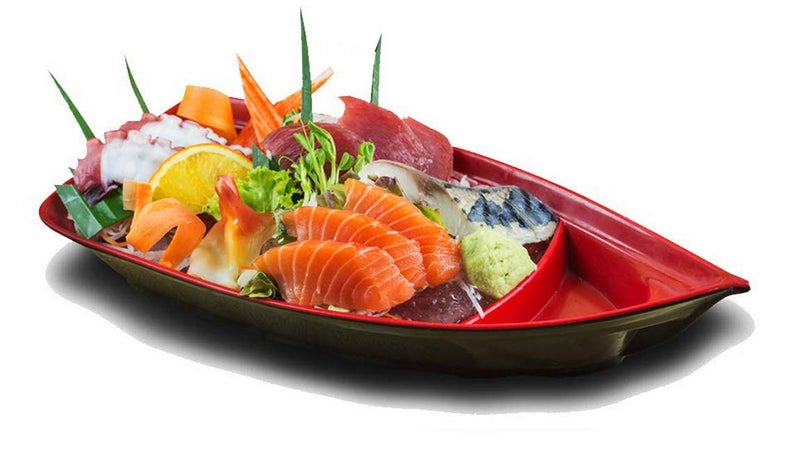Happy Sales HSSB10RB Sushi Boat Shape Plate Sushi Sashimi Serving Plate Melamine Plastic Tray 10 x 45 Inch Red Black
