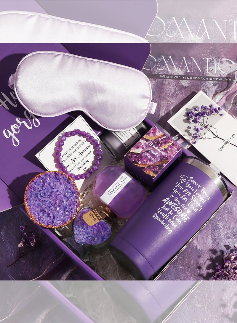 عربست هدايا عيد الأضحى للنساء: مجموعة كوب سيارة لافندر فاخرة مع 3 ملحقات + كرة استحمام كريستالية + صابون أحجار كريمة + شمعة صويا + سوار أميثيست، سلة هدايا مثالية ليوم الأم السعودي - Image 2