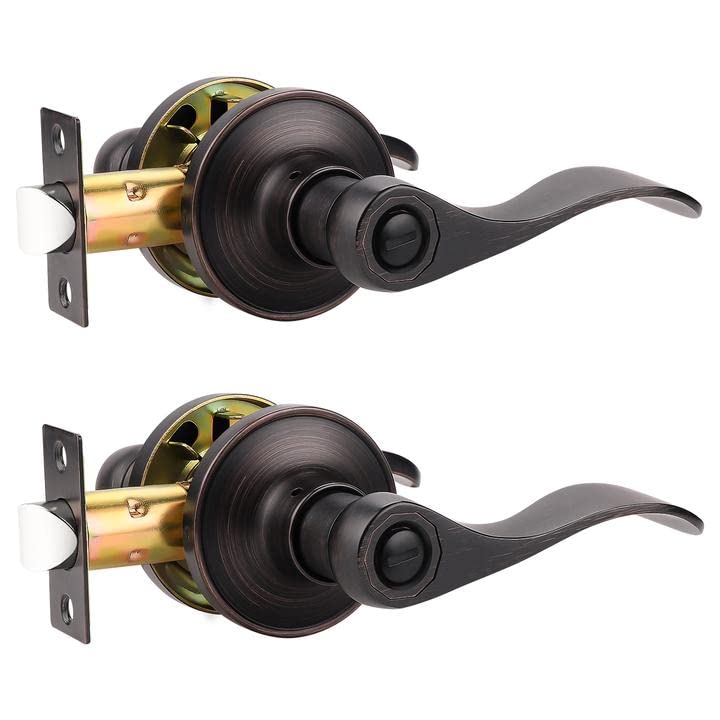 Probrico (2 Pack Privacy Door Lever[Thumb Turn Lock on The Inside],Locking Door Handle Set for Bedroom & Bathroom Doors,Keyless Oil Rubbed Bronze Wave Door Lock, Reversible Right & Left Side Handed - Image 1