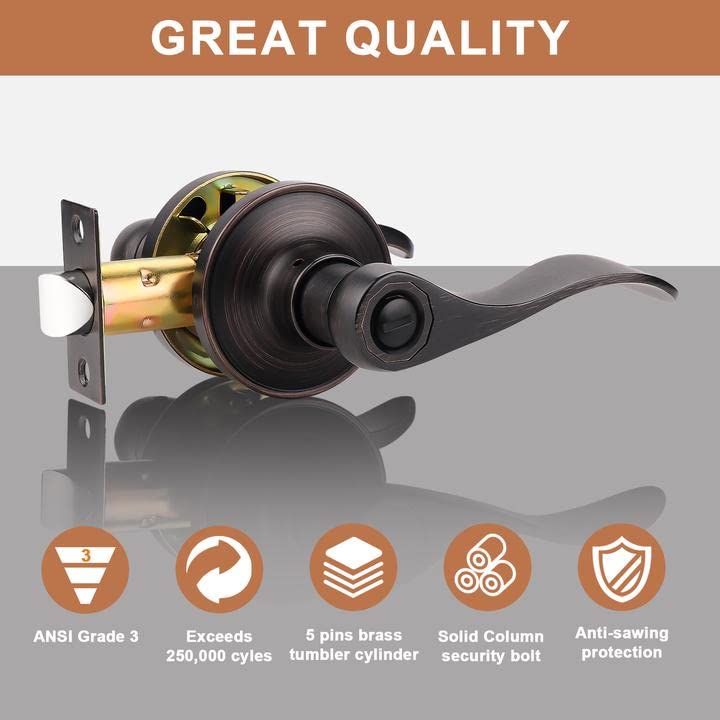 Probrico (2 Pack Privacy Door Lever[Thumb Turn Lock on The Inside],Locking Door Handle Set for Bedroom & Bathroom Doors,Keyless Oil Rubbed Bronze Wave Door Lock, Reversible Right & Left Side Handed - Image 2