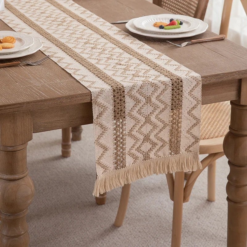 Y&D Natural Color Woven Table Runner with Color-Blocked Tassel, Striped and Diamond-Shaped Checkered Design for Table, Chest, or Cabinet Decoration - Image 1