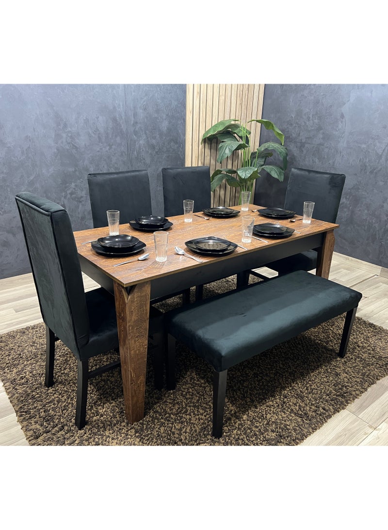 سفرة طعام 6 مقاعد – طاولة MDF مع 4 كراسي وبانكت بتنجيد قطيفة فاخر لون اسود