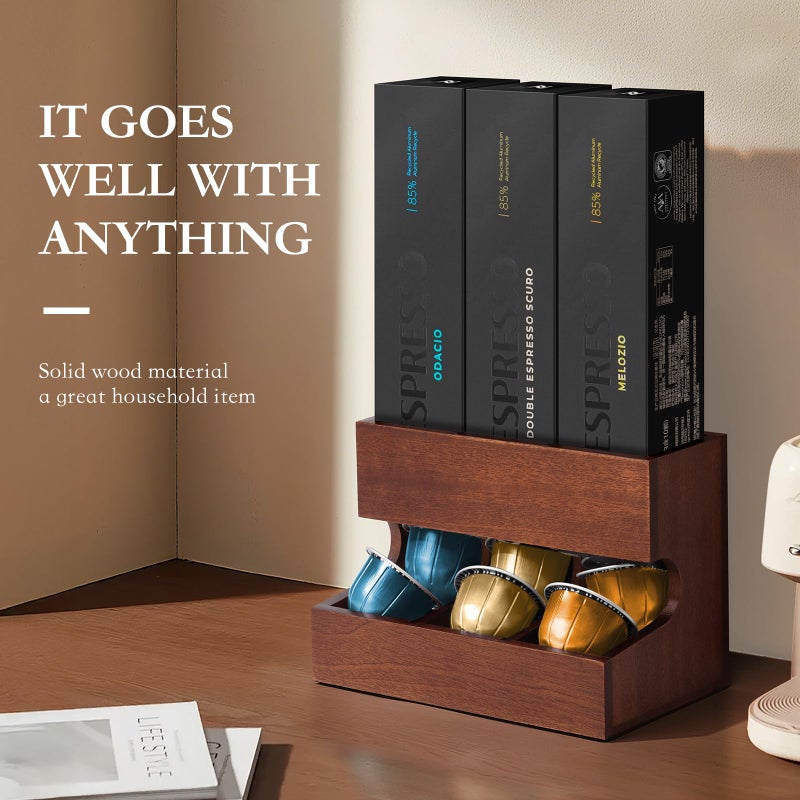 LKEUYUI Wood Pod Dispenser Designed for Nespresso Vertuo Capsules, Freestanding Countertop Pods Rack, Coffee Pods Holder for Home or Office Kitchen Counter, Dispenses 3 Coffee Flavors (Brown) - Image 3