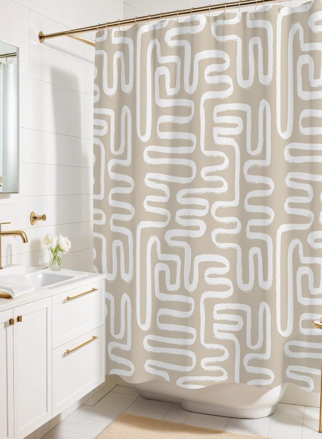 Worthwhile Goods Linen Beige White Abstract Print Shower Curtain - Boho Pattern - Modern Minimalist Home Decor - Neutral Scandi Style Fabric Shower Curtain For Any Bathroom - 72x72 Inches (Linen Lines) - Image 1