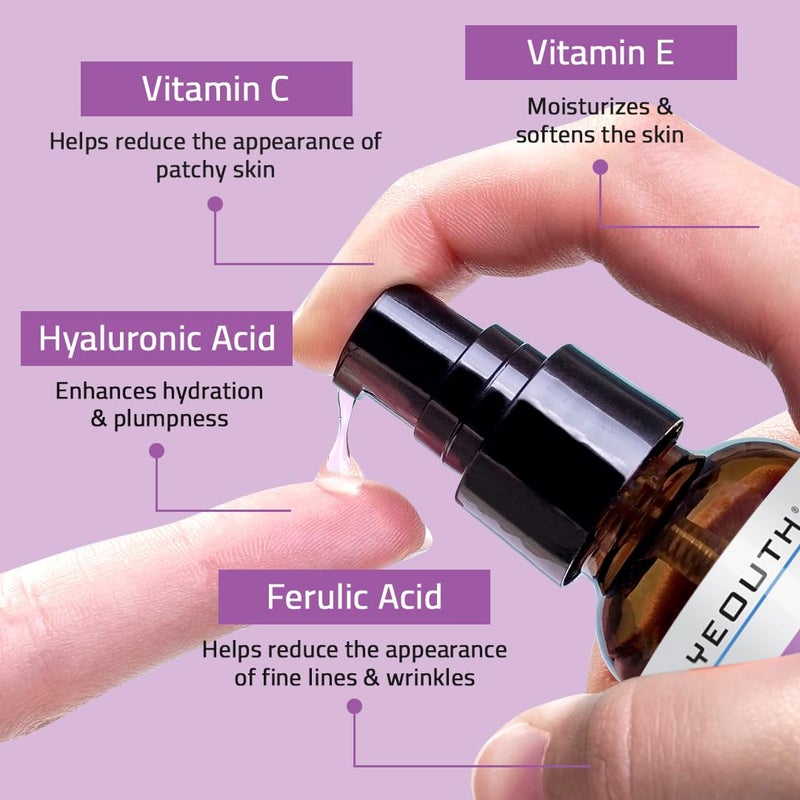 YEOUTH Anti Aging Serum for Face with Hyaluronic Acid, Ferulic Acid, Vitamin C and E, Hydrating Face Serum for Women and Men Targets Dull and Dry Skin 1oz - Image 5