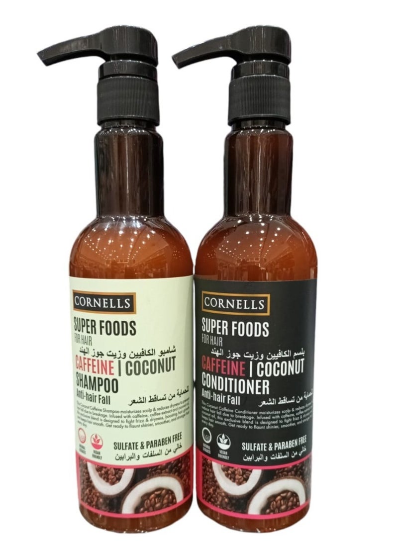 شامبو500 مل وبلسم 500 مل بخلاصة الكافيين وزيت جوز الهند خالي من السلفات والبرابين للحماية من تساقط الشعر