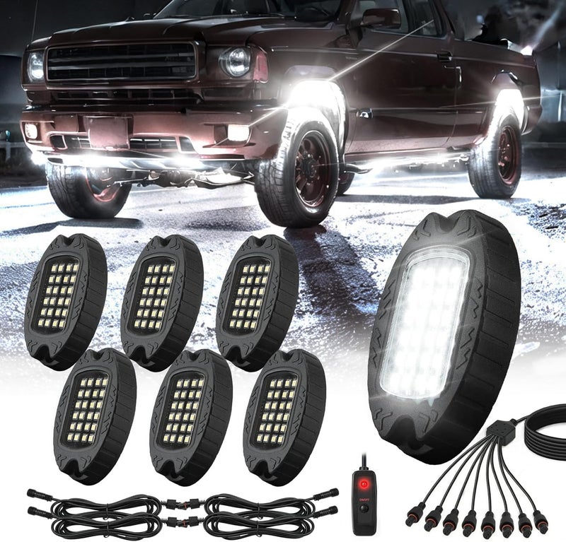 TDE Explorer.Lighting 6 Pods White Rock Lights for Truck, RGB White LED Rock Lights with Harness, Waterproof White Led Rock Lights Underglow Neon Light for Jeep Car, Offroad, Golf Cart, SUV, ATV, UTV, Wheel Well - Image 1