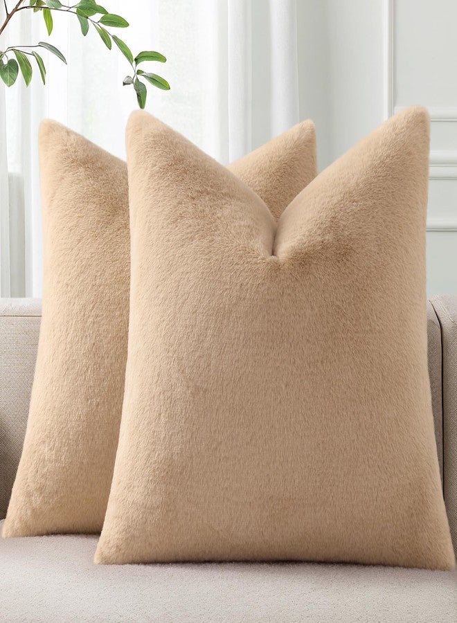Pallene أغطية وسائد بالين من الفرو الصناعي الفاخر، مقاس 18×18 بوصة، طقم من قطعتين، أغطية وسائد فاخرة ناعمة ومريحة للزينة، مناسبة للأريكة وغرفة المعيشة، لون كاكي - Image 1