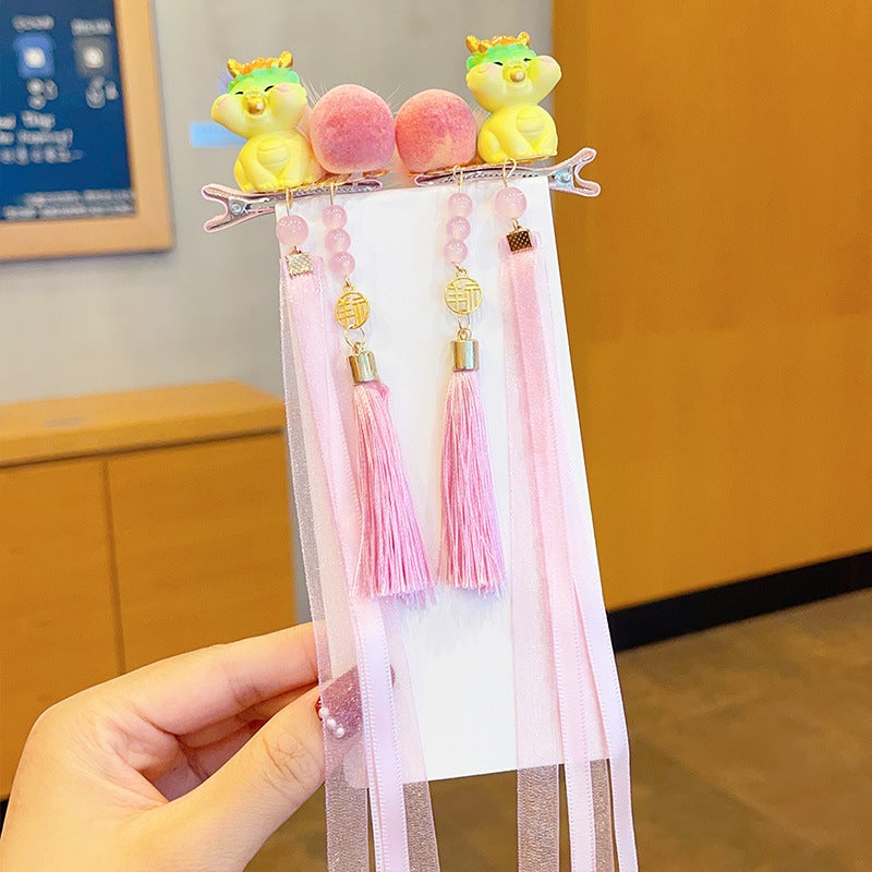 Generic Kids Chinese New Year Dragon Tassel Hair Clips Pink peach Longbao