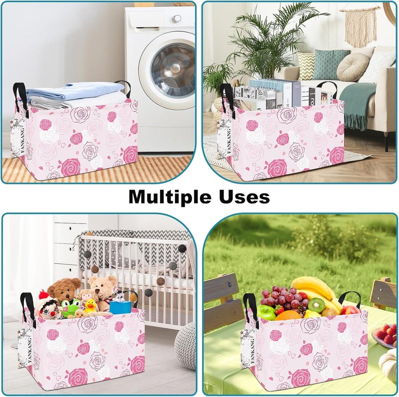 FANKANG Storage Bins, Nursery Hamper Canvas Laundry Basket Foldable with Waterproof PE Coating Large Storage Baskets for Kids Boys and Girls, Office, Bedroom, Clothes,Toys(Rec-Pink roses ） - Image 4