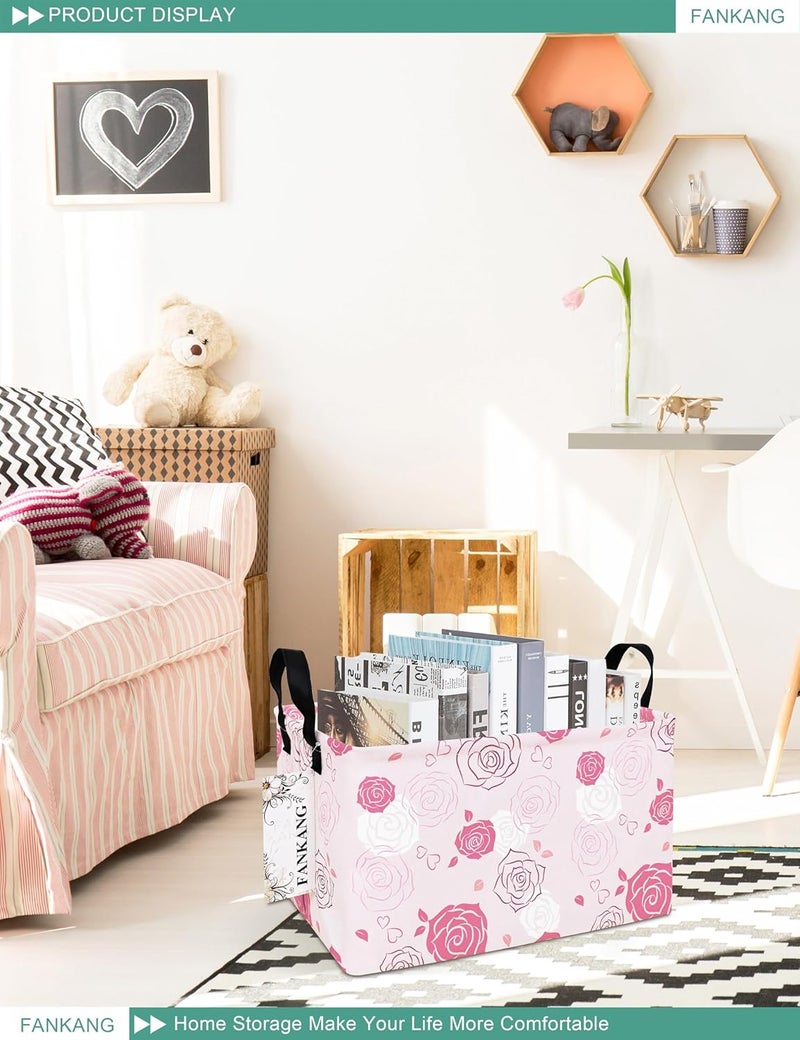 FANKANG Storage Bins, Nursery Hamper Canvas Laundry Basket Foldable with Waterproof PE Coating Large Storage Baskets for Kids Boys and Girls, Office, Bedroom, Clothes,Toys(Rec-Pink roses ） - Image 5