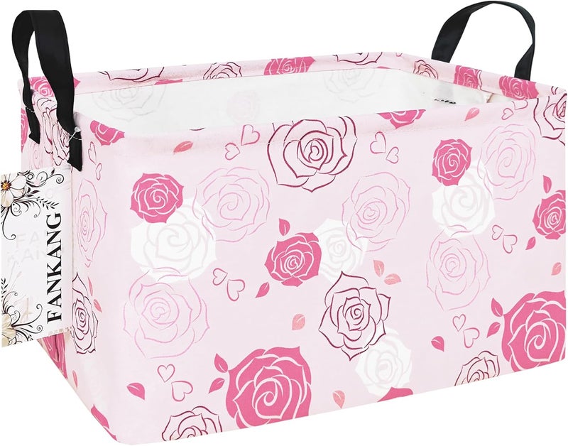 FANKANG Storage Bins, Nursery Hamper Canvas Laundry Basket Foldable with Waterproof PE Coating Large Storage Baskets for Kids Boys and Girls, Office, Bedroom, Clothes,Toys(Rec-Pink roses ） - Image 1