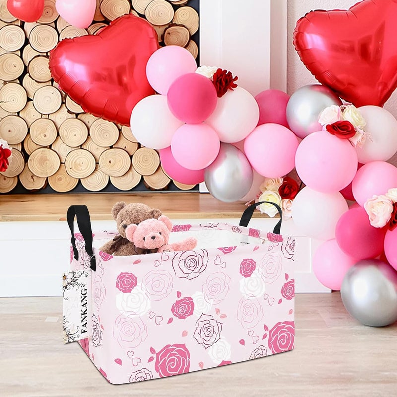 FANKANG Storage Bins, Nursery Hamper Canvas Laundry Basket Foldable with Waterproof PE Coating Large Storage Baskets for Kids Boys and Girls, Office, Bedroom, Clothes,Toys(Rec-Pink roses ） - Image 3