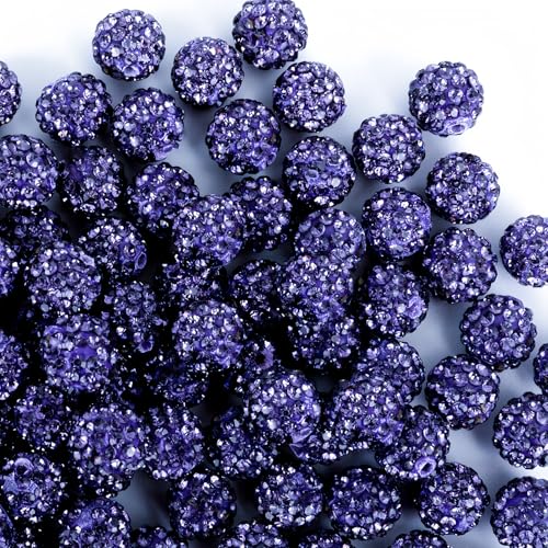 Jukercici 10mm Clay Rhinestone Beads for Bracelets 100 Pcs Sparkle Crystal Beads for Jewelry Making Glitter Round Shamballa Disco Ball Design for DIY Crafts Necklace Earrings Decoration Purple - Image 1