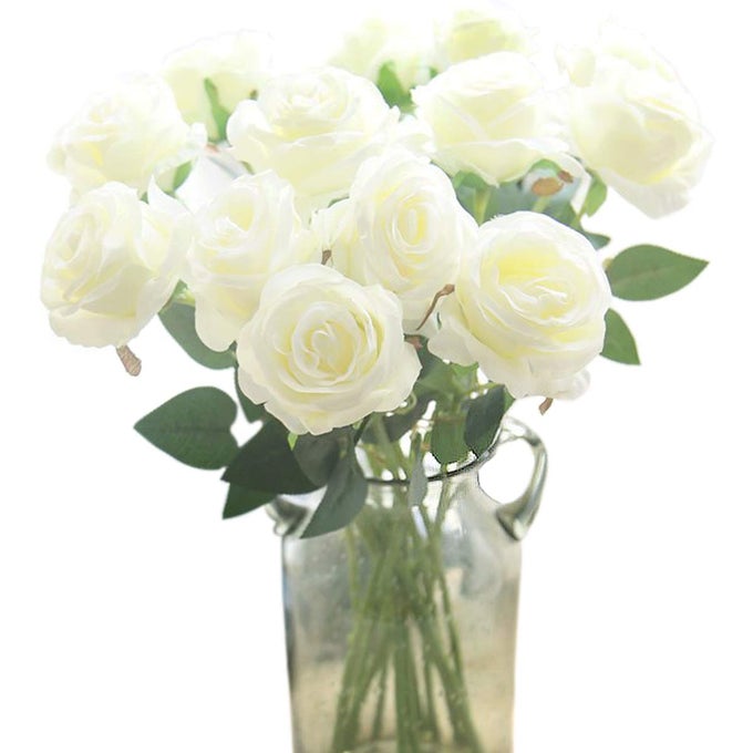 ARTIFICIAL SILK FLOWERS REALISTIC ROSES BOUQUET LONG STEM FOR HOME WEDDING DECORATION PARTY WHITE