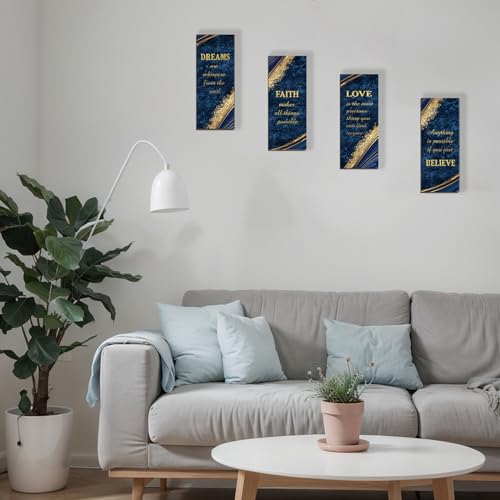 ONIZHITY 4 Pcs Blue and Gold Bathroom Decor Navy Blue Bathroom Accessories Dreams Faith Love Believe Wooden Rustic Marble Style Versatile Wall Decor for Bedroom Living Room(Blue Gold 10X4) - Image 4