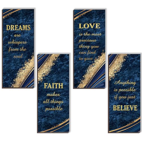 ONIZHITY 4 Pcs Blue and Gold Bathroom Decor Navy Blue Bathroom Accessories Dreams Faith Love Believe Wooden Rustic Marble Style Versatile Wall Decor for Bedroom Living Room(Blue Gold 10X4) - Image 1