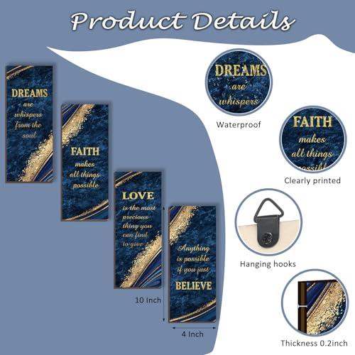 ONIZHITY 4 Pcs Blue and Gold Bathroom Decor Navy Blue Bathroom Accessories Dreams Faith Love Believe Wooden Rustic Marble Style Versatile Wall Decor for Bedroom Living Room(Blue Gold 10X4) - Image 2