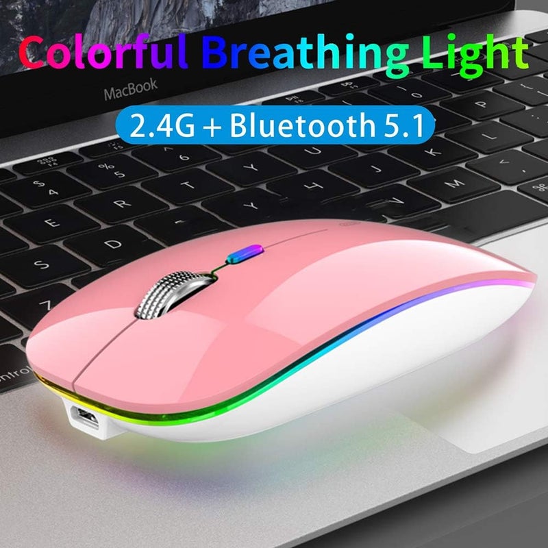 TENMOS Wireless Bluetooth Mouse, LED Slim (Bluetooth 5.1 + USB) 2.4GHz Rechargeable Silent Bluetooth Wireless Mouse with Type C Adapter for Laptop/MacBook/iPad OS 13 and Above (Pink) - Image 1