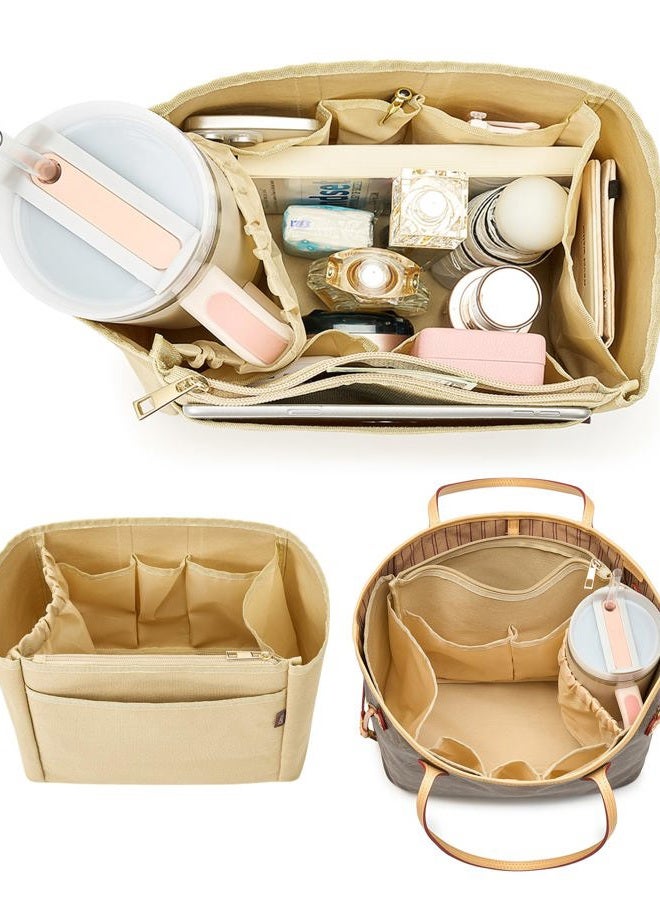 TOVICE Tote Bag Organizer Insert with Stanley Cup Holder and Zipper Bag, Compatible with Neverfull, Saint Louis and More, 9 Pockets (Beige, Large) - Image 1