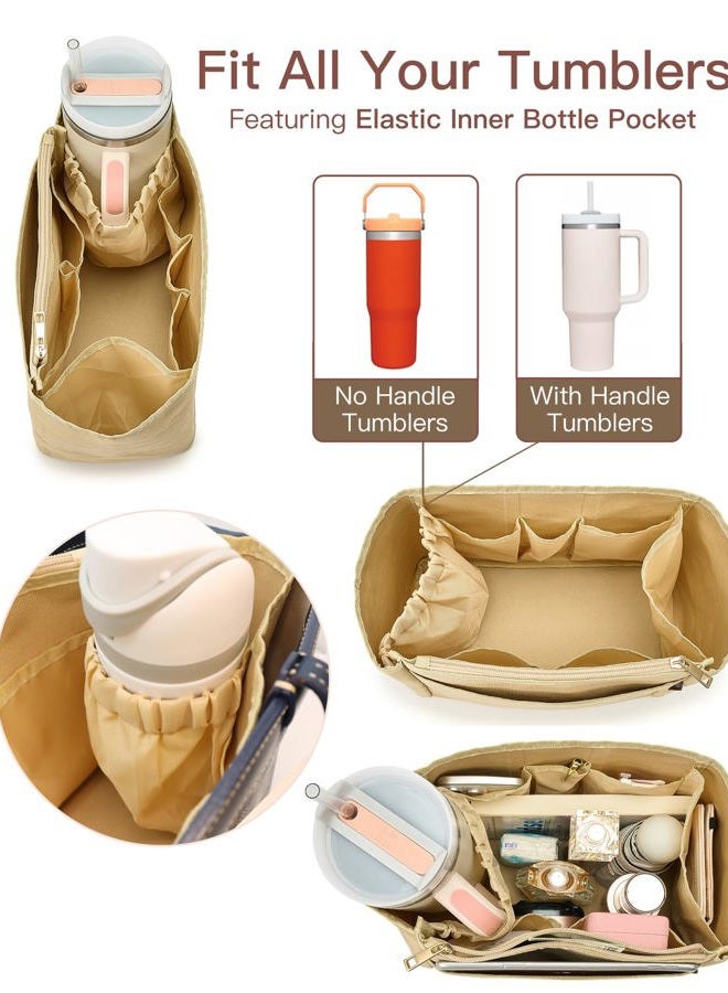 TOVICE Tote Bag Organizer Insert with Stanley Cup Holder and Zipper Bag, Compatible with Neverfull, Saint Louis and More, 9 Pockets (Beige, Large) - Image 2