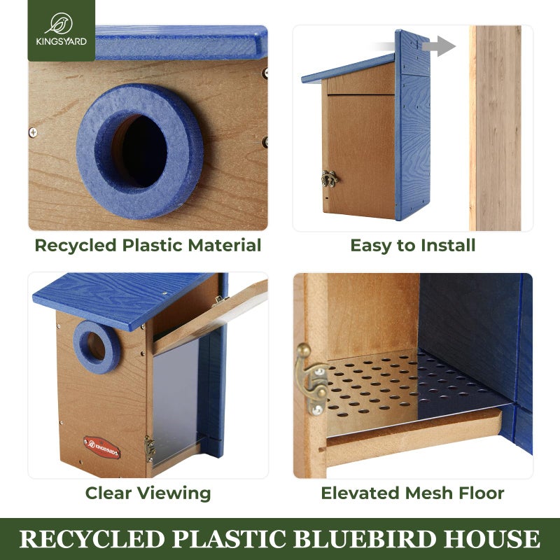 Kingsyard Recycled Plastic Bird House for Outdoor - Durable Nesting Box with Clear View Panel & Predator Guard for Bluebird Wren Swallow Finch, Blue & Brown - Image 5