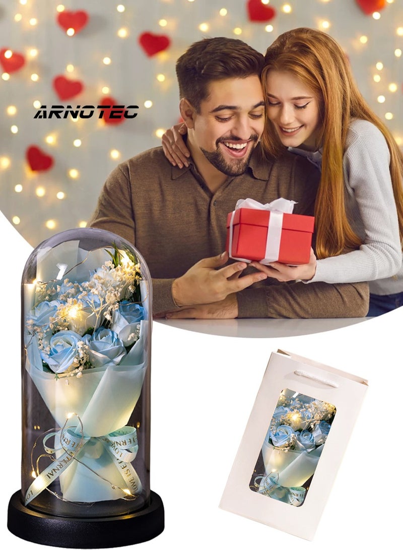 ARNOTEC "Eternal Rose Gift Box – LED Light Glass Cover Decoration | Romantic Gift for Valentine's Day, Birthday, Mother's Day | Blue Bouquet Creative Ornaments"  - Image 1