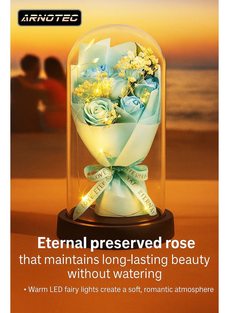 ARNOTEC "Eternal Rose Gift Box – LED Light Glass Cover Decoration | Romantic Gift for Valentine's Day, Birthday, Mother's Day | Blue Bouquet Creative Ornaments" - Image 1