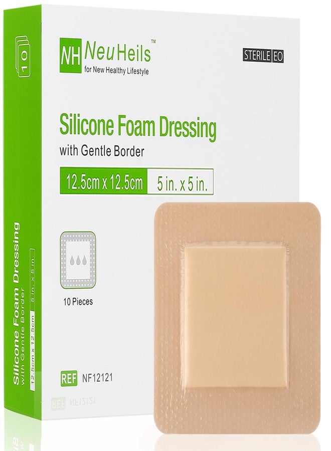 NeuHeils Silicone Foam Dressing with Gentle Border 5''x5'', 10 Pack for Bed Sore Leg Ulcer, High Absorbency Large Waterproof Silicone Adhesive Wound Bandages Patches - Image 1