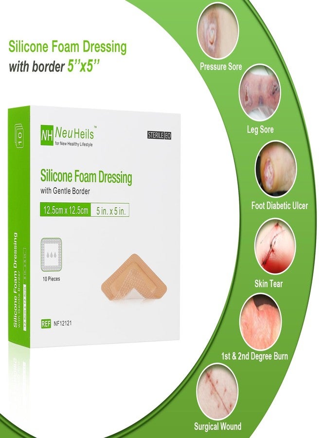 NeuHeils Silicone Foam Dressing with Gentle Border 5''x5'', 10 Pack for Bed Sore Leg Ulcer, High Absorbency Large Waterproof Silicone Adhesive Wound Bandages Patches - Image 2