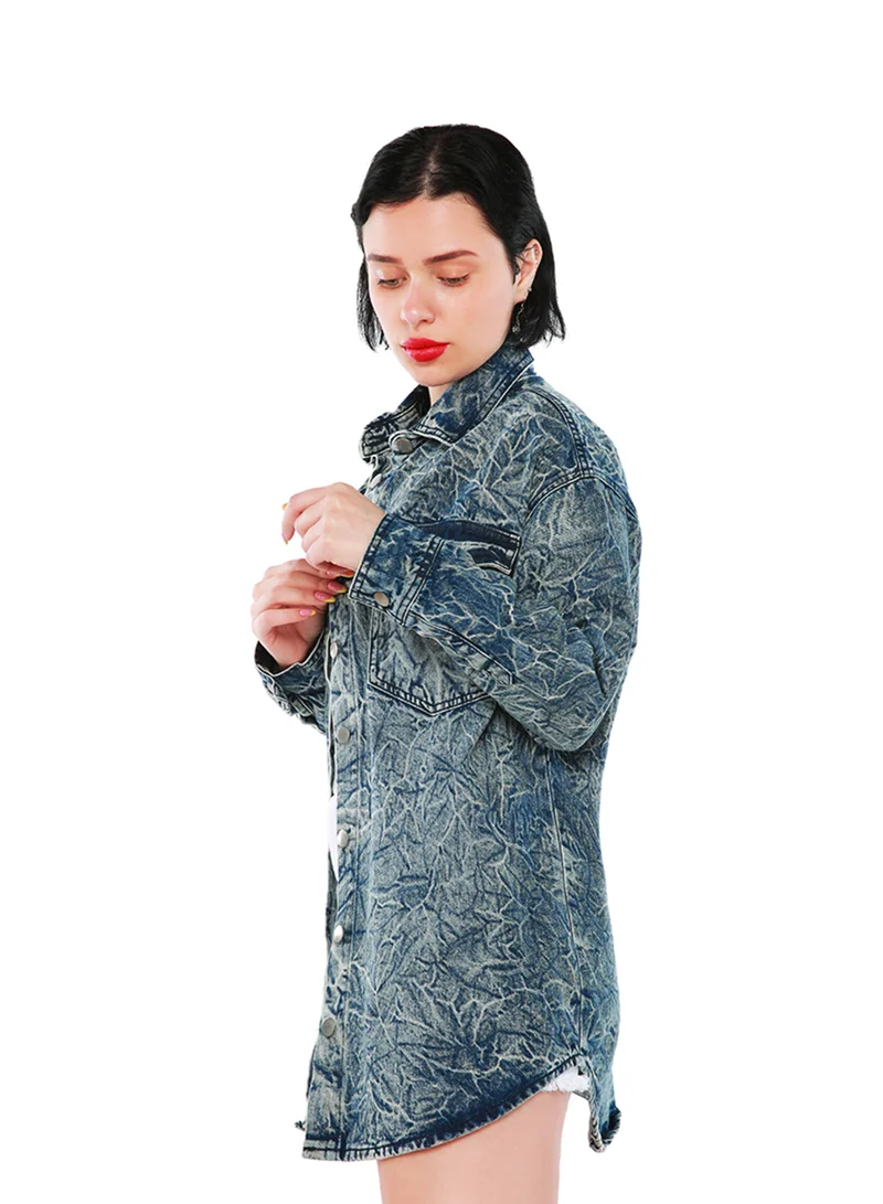 London Rag Wrinkled Acid Wash Denim Shacket in Dark Blue