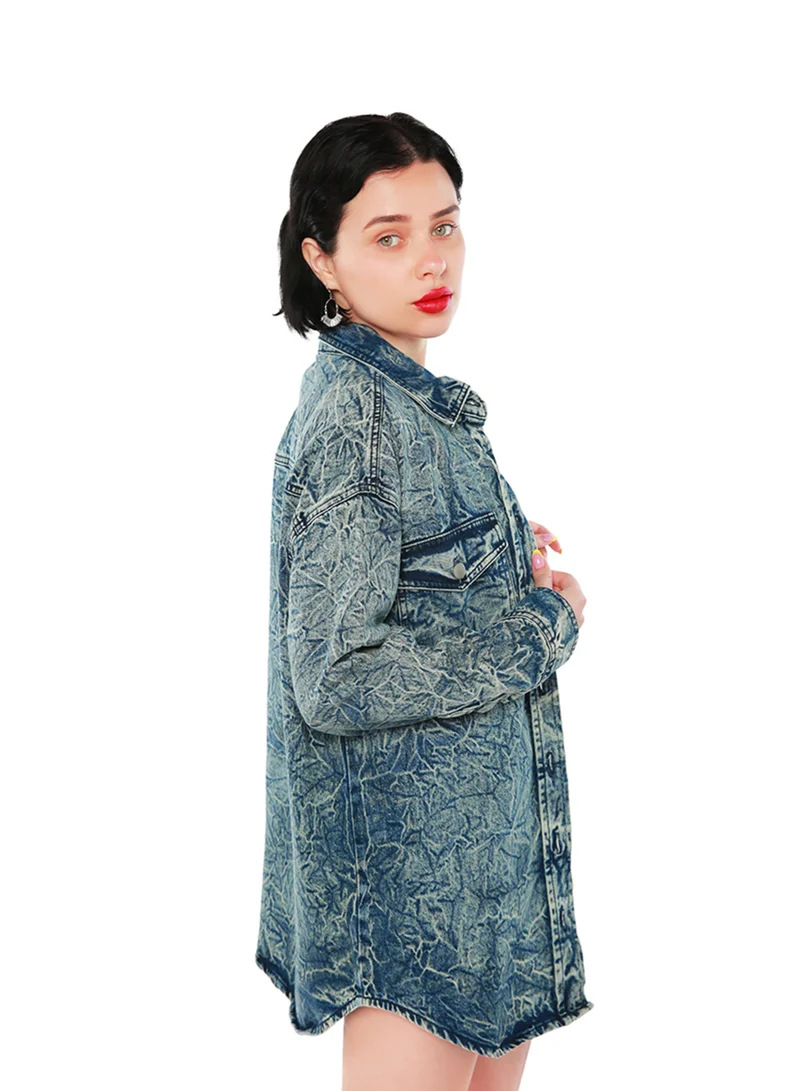 London Rag Wrinkled Acid Wash Denim Shacket in Dark Blue