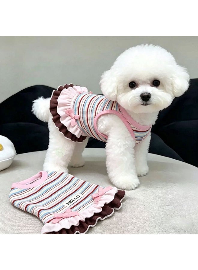 Anti-Shedding Dreamy Pastel Rainbow Pet Dress - Thin Breathable Heat-relief Soft Pink Striped Dog Skirt with Bow, Lightweight Summer Candy-Colored Cat Costume for Indoor & Outdoor, Size L - Image 1