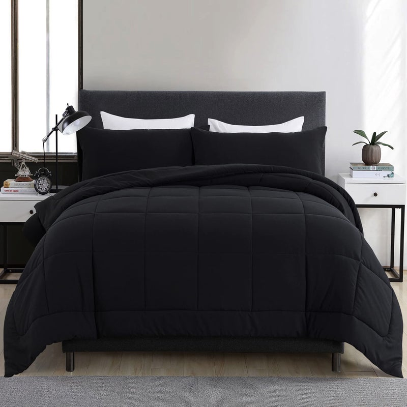 DOWNCOOL Full Size Comforter Sets All Season Bedding Comforters with 2 Pillow Cases 3 Pieces Bed Set Down Alternative Comforter Black Bedding Sets 82x86