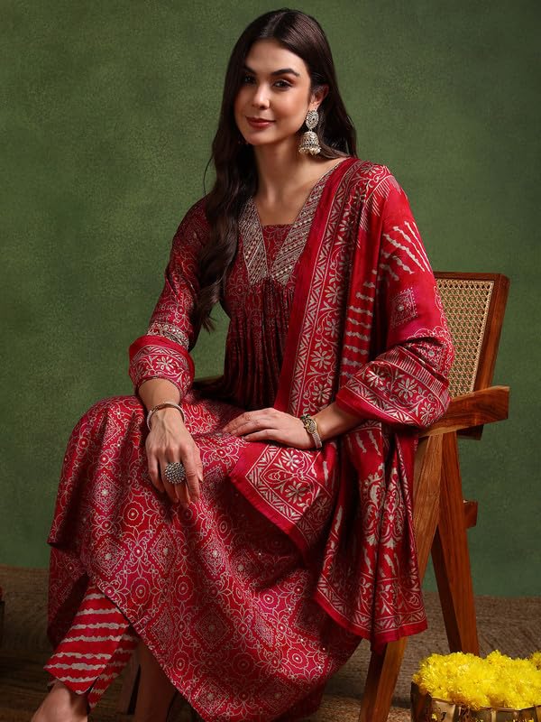 Vaamsi Women's Silk Blend Ethnic Motifs Printed Anarkali Kurta Pant With Dupatta (PKSKD2204_Maroon_M) - Image 3