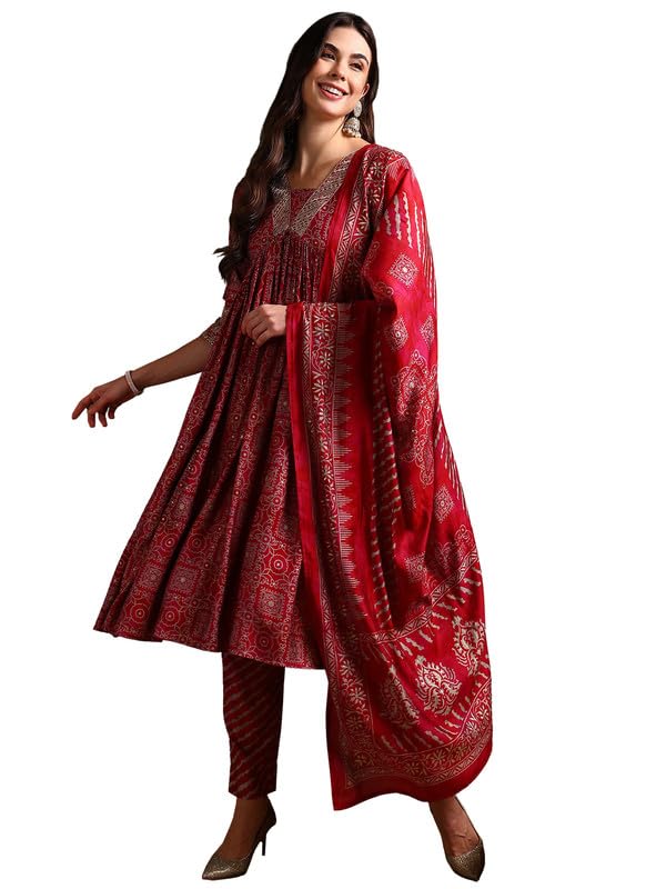 Vaamsi Women's Silk Blend Ethnic Motifs Printed Anarkali Kurta Pant With Dupatta (PKSKD2204_Maroon_M) - Image 1