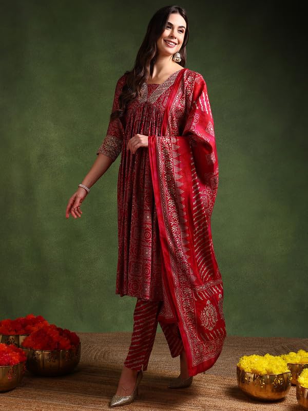 Vaamsi Women's Silk Blend Ethnic Motifs Printed Anarkali Kurta Pant With Dupatta (PKSKD2204_Maroon_M) - Image 4