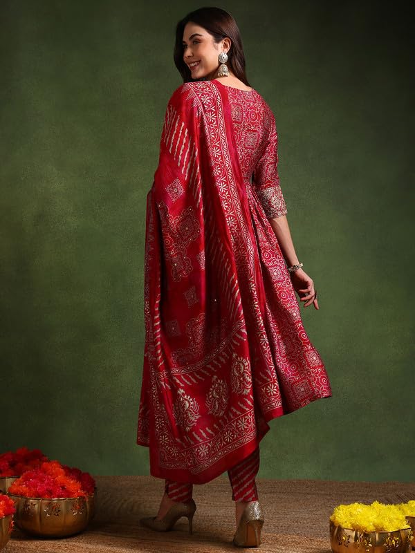 Vaamsi Women's Silk Blend Ethnic Motifs Printed Anarkali Kurta Pant With Dupatta (PKSKD2204_Maroon_M) - Image 2