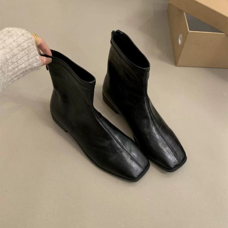 Niche Korean Style Thin Boots French Style Naked Boots Brown Waste Earth Style Short Boots Thick Heel Women'S Boots - Image 1