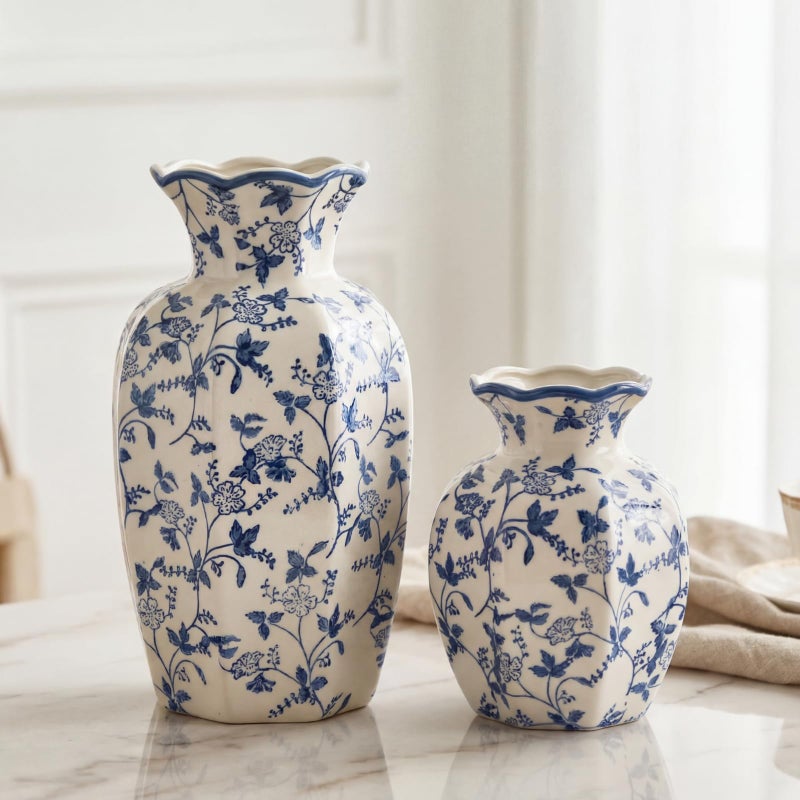 AceOrbit 2 Pcs Blue and White Vintage Vase Ceramic Chinoiserie Floral Vase 9.5'' 6'' Decorative Antique Vases for Home Decors, Living Room, Bookshelf, Office, Grand Millennial Decor, Chinoiserie Decors - Image 1