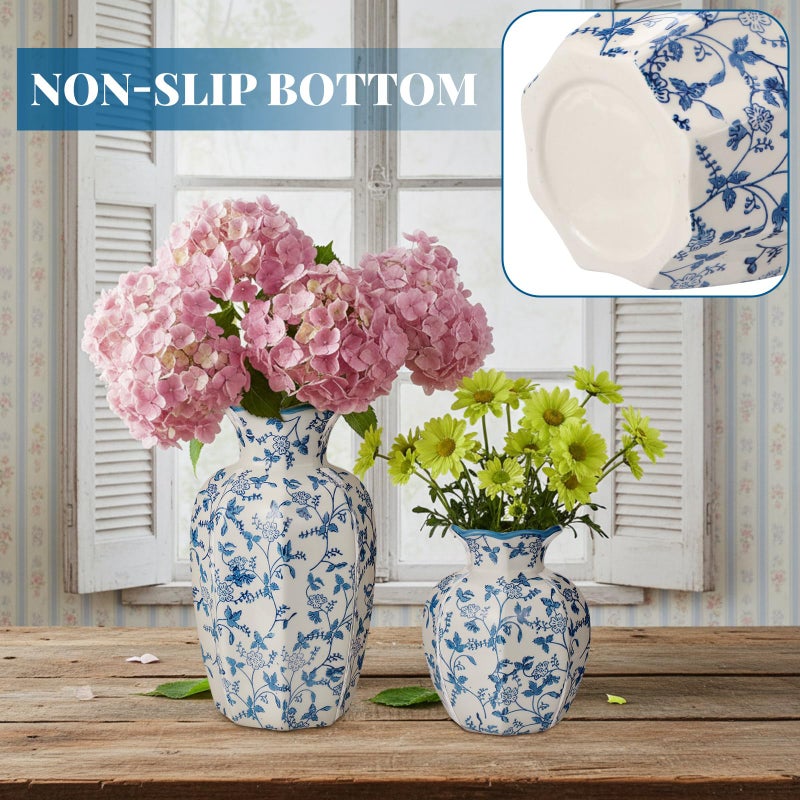 AceOrbit 2 Pcs Blue and White Vintage Vase Ceramic Chinoiserie Floral Vase 9.5'' 6'' Decorative Antique Vases for Home Decors, Living Room, Bookshelf, Office, Grand Millennial Decor, Chinoiserie Decors - Image 4
