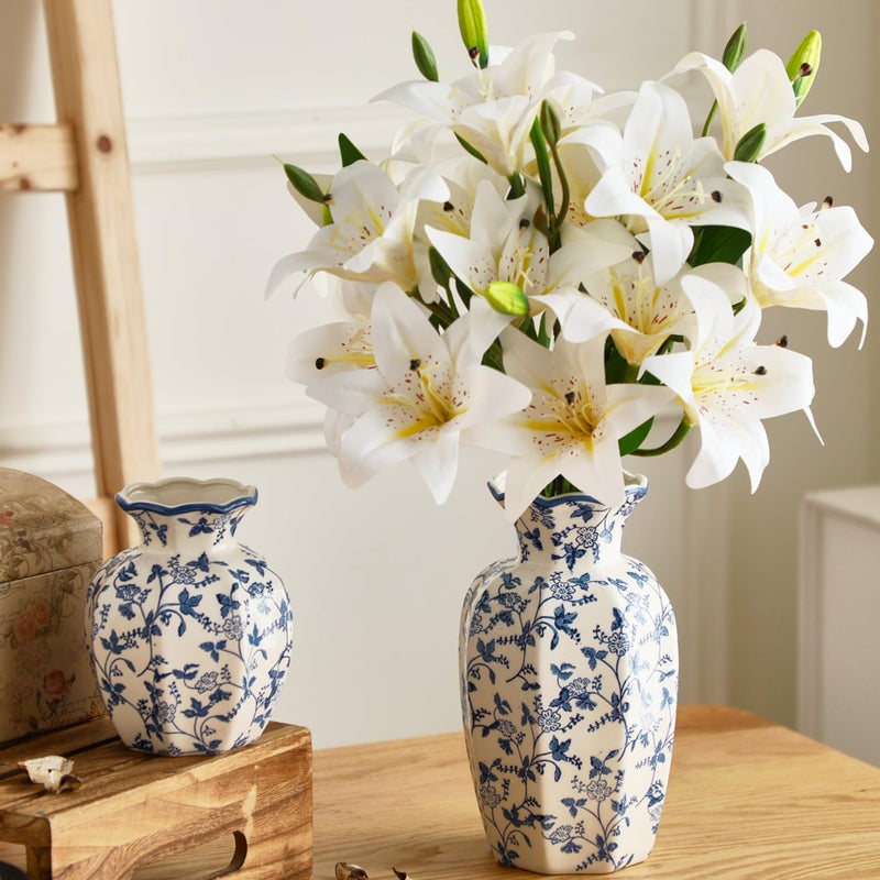 AceOrbit 2 Pcs Blue and White Vintage Vase Ceramic Chinoiserie Floral Vase 9.5'' 6'' Decorative Antique Vases for Home Decors, Living Room, Bookshelf, Office, Grand Millennial Decor, Chinoiserie Decors - Image 5