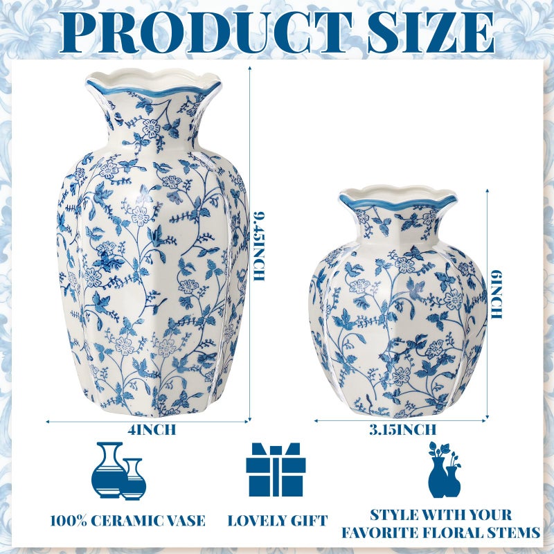 AceOrbit 2 Pcs Blue and White Vintage Vase Ceramic Chinoiserie Floral Vase 9.5'' 6'' Decorative Antique Vases for Home Decors, Living Room, Bookshelf, Office, Grand Millennial Decor, Chinoiserie Decors - Image 2