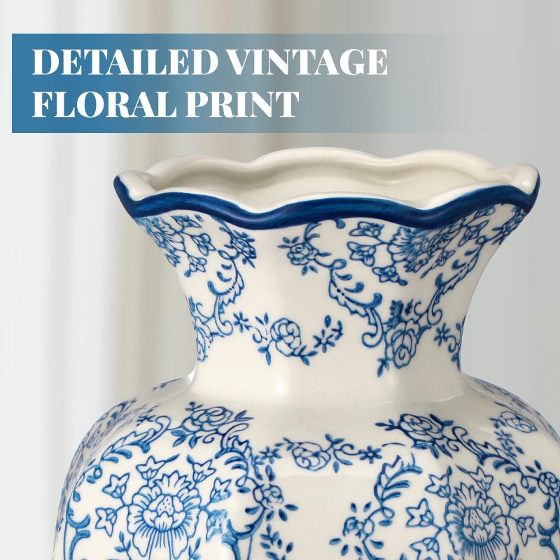 AceOrbit 2 Pcs Blue and White Vintage Vase Ceramic Chinoiserie Floral Vase 9.5'' 6'' Decorative Antique Vases for Home Decors, Living Room, Bookshelf, Office, Grand Millennial Decor, Chinoiserie Decors - Image 3
