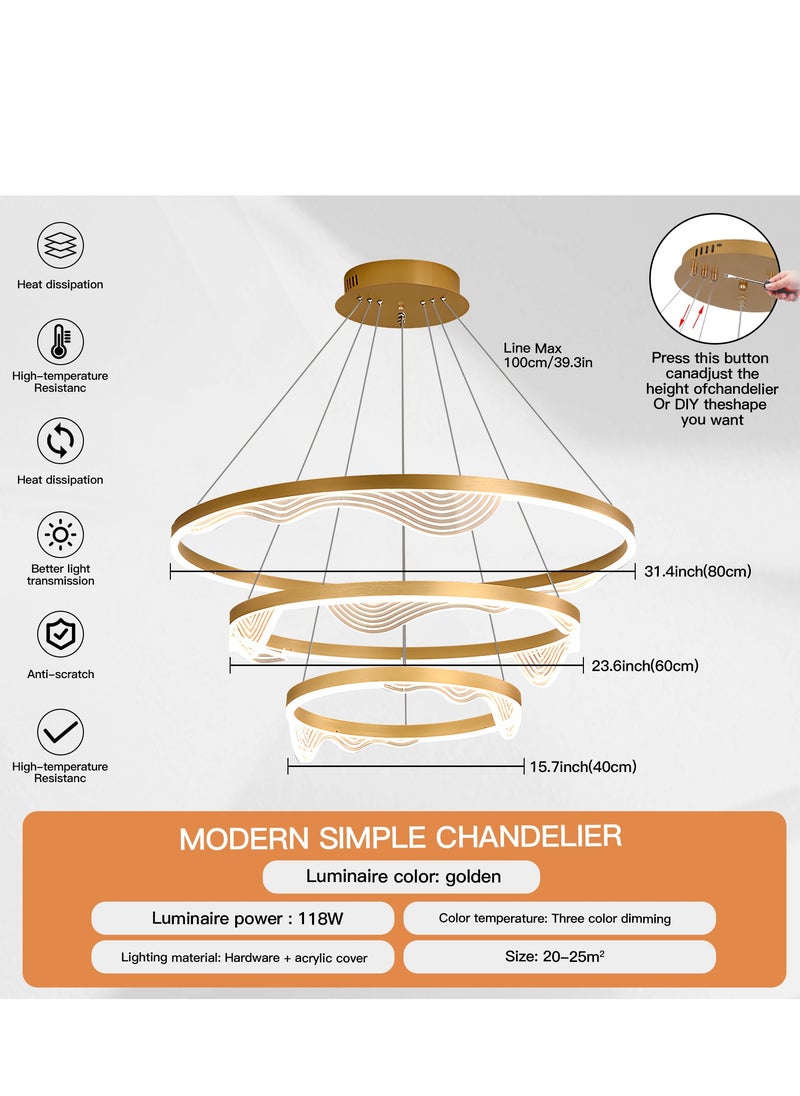 ثريا LED حديثة، إضاءة LED حديثة بثلاث حلقات بلمسة نهائية ذهبية، ارتفاع قابل للتعديل وثريا قابلة للتعتيم لغرفة الطعام، غرفة المعيشة، جزيرة طاولة الطعام، 118 وات، 3000 كلفن - 6000 كلفن - pzsku/Z4F0479F5B6725226FDC7Z/45/_/1703345791/5fa44064-fa48-4fb6-bc5a-81b588eedaab