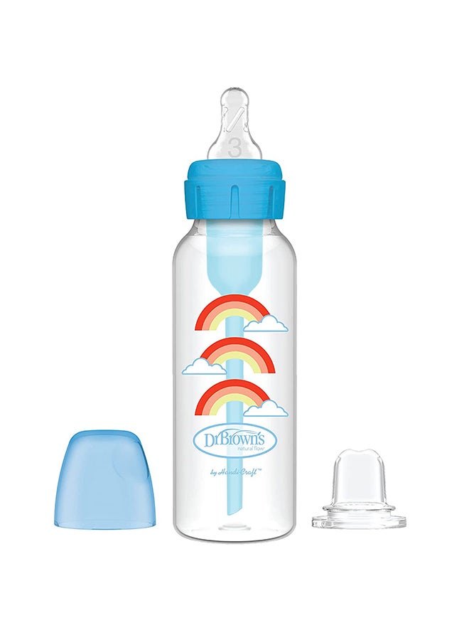 Dr. Brown’s 8 Oz/250 Ml Anti-Colic Pp Narrow Options+ Bottle To Sippy Starter Kit, Blue Rainbows (+L3 Nipple) - Image 1