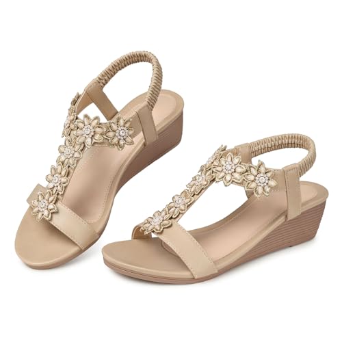 SHIBEVER Wedge Sandals for Women Dressy: Summer Platform Boho Flower Dress Sandals - Comfortable Low Wedges Womens Sandal Beige Size 8.5 - Image 1