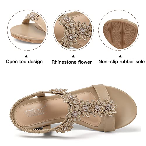 SHIBEVER Wedge Sandals for Women Dressy: Summer Platform Boho Flower Dress Sandals - Comfortable Low Wedges Womens Sandal Beige Size 8.5 - Image 2