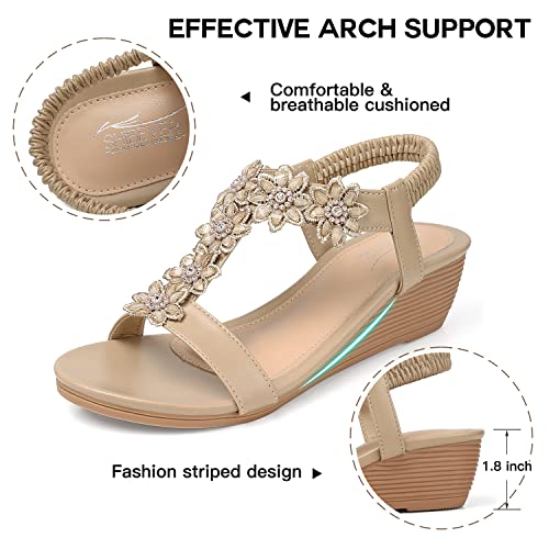 SHIBEVER Wedge Sandals for Women Dressy: Summer Platform Boho Flower Dress Sandals - Comfortable Low Wedges Womens Sandal Beige Size 8.5 - Image 3